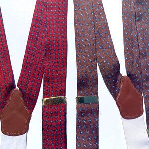 Two Dooney & Bourke Men’s Silk Suspenders Braces - Red/Brown. Made in England.